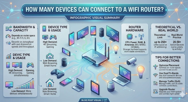 How Many Devices Can Connect to a WiFi Router? &mdash; complete visual guide showing theoretical limits, practical limits, and tips for large networks