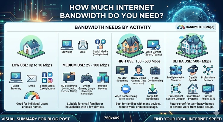 How Much Internet Bandwidth Do You Need? &mdash; complete visual guide showing speeds for streaming, gaming, video calls, and smart home devices