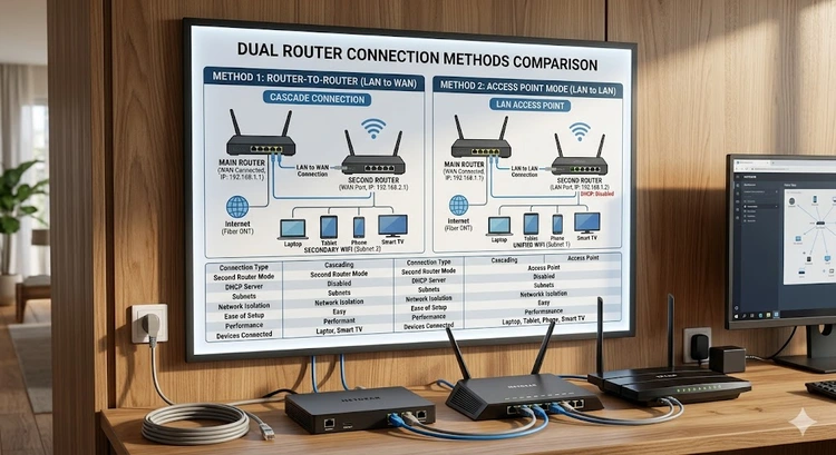 How to connect two routers together with wired and wireless methods diagram