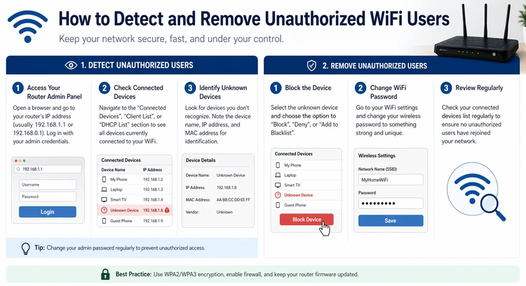 How to Detect and Remove Unauthorized WiFi Users &mdash; complete visual guide showing detection and removal steps
