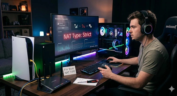Router admin panel showing port forwarding settings to fix NAT type for PS5, Xbox, and PC gaming