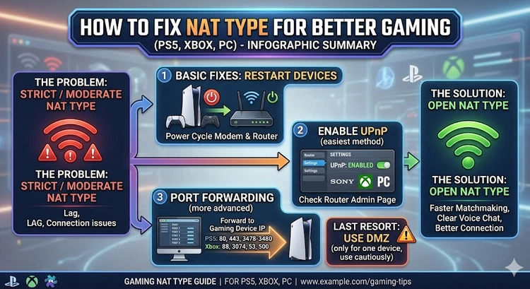 How to Fix NAT Type for Better Gaming (PS5, Xbox, PC) &mdash; complete visual guide showing NAT types and router configuration steps