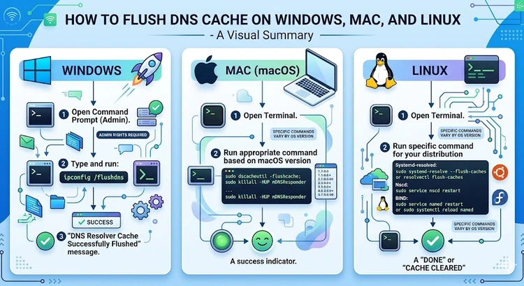 How to Flush DNS Cache on Windows, Mac, and Linux &mdash; complete visual guide showing terminal commands for each OS