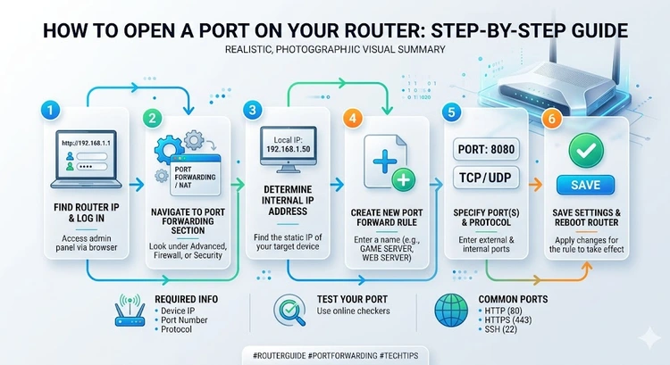 How to Open a Port on Your Router: Step-by-Step Guide &mdash; complete visual guide showing port forwarding workflow