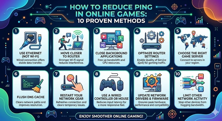 How to Reduce Ping in Online Games: 10 Proven Methods &mdash; complete visual guide showing all latency reduction techniques