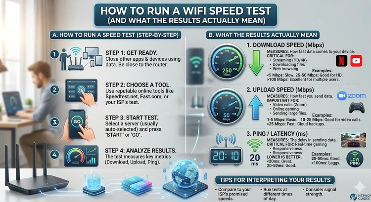 How to Run a WiFi Speed Test (And What the Results Actually Mean) &mdash; infographic overview