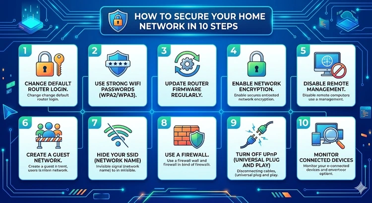 How to Secure Your Home Network in 10 Steps &mdash; complete visual guide to router hardening, WPA3, guest networks, and DNS security