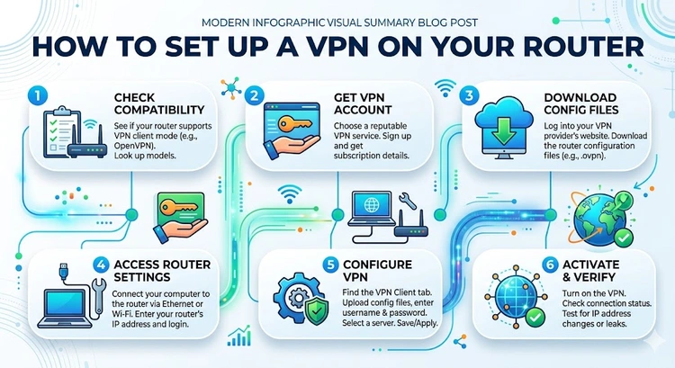 How to Set Up a VPN on Your Router &mdash; complete visual guide showing steps from router admin login to encrypted tunnel