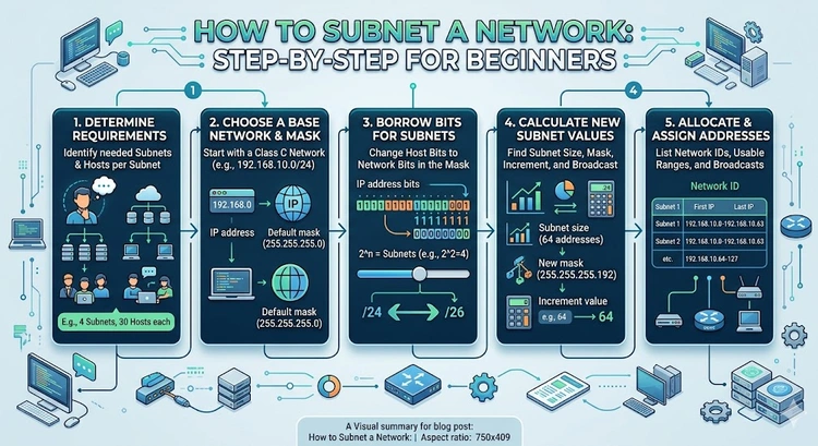 How to Subnet a Network: Step-by-Step for Beginners &mdash; complete visual guide showing CIDR notation, subnet masks, and host ranges
