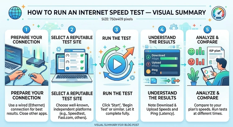 How to Run an Internet Speed Test &mdash; complete visual guide showing download, upload, and ping metrics