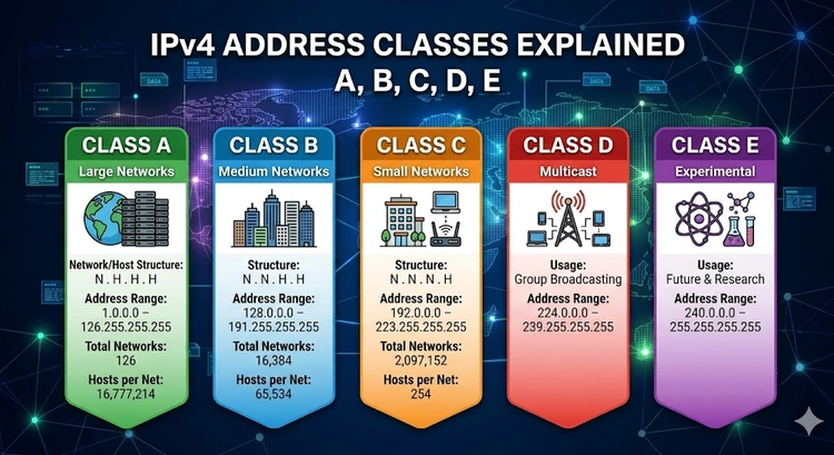 Diagram showing IPv4 address classes A, B, C, D, and E with their ranges and subnet masks