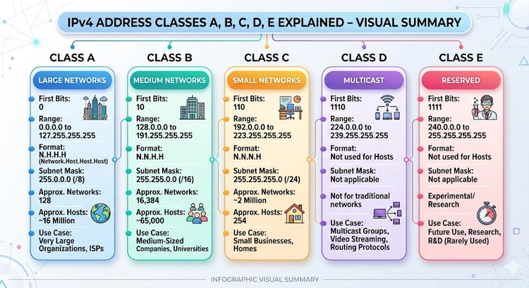 IPv4 Address Classes A, B, C, D, E Explained &mdash; complete visual guide showing ranges, default masks, and host counts