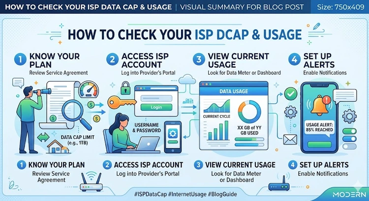 How to Check Your ISP Data Cap and Usage &mdash; complete visual guide showing ISP portal, router stats, and third-party tools