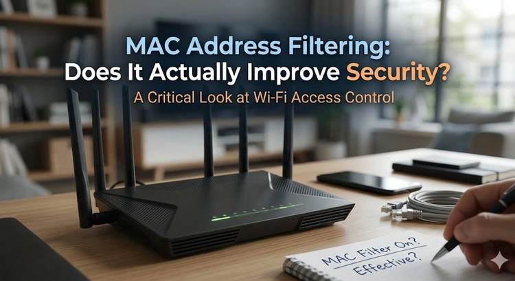 Router admin panel showing MAC address filtering configuration with an allow list of approved devices