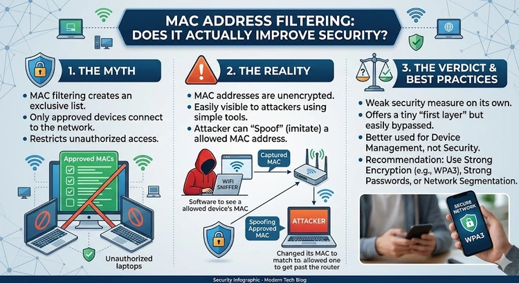 MAC Address Filtering: Does It Actually Improve Security? — complete visual guide showing how MAC allow lists work and how MAC spoofing bypasses them