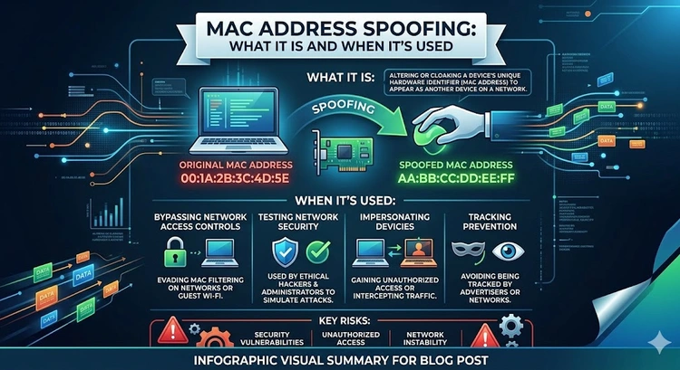 MAC Address Spoofing: What It Is and When It's Used &mdash; complete visual guide showing use cases, platforms, and network impact