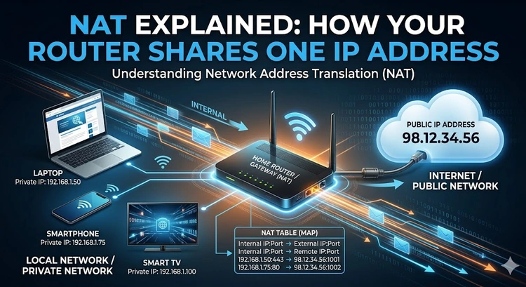 Diagram showing how NAT translates private IP addresses to a single public IP address
