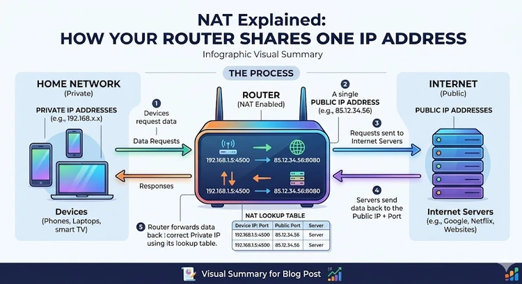 NAT Explained: How Your Router Shares One IP Address &mdash; complete visual guide showing private and public IP translation