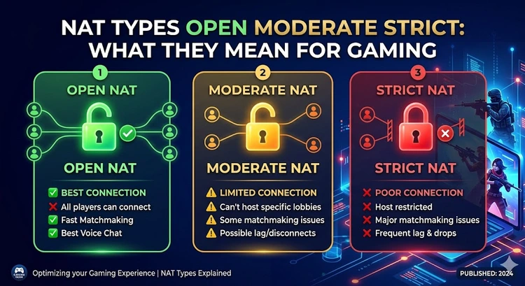 Diagram showing Open, Moderate, and Strict NAT types and their effect on gaming connections