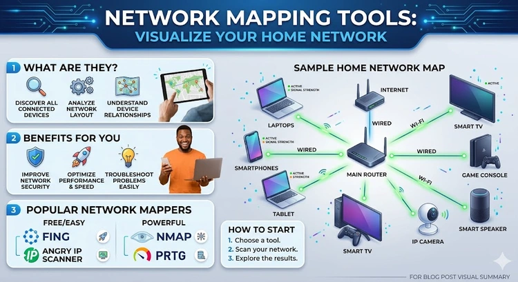 Network Mapping Tools: Visualize Your Home Network &mdash; complete visual guide showing scan types, common tools, and device discovery workflow