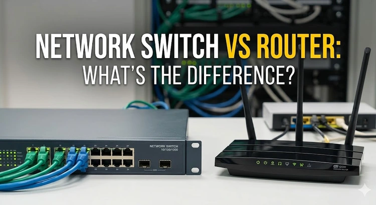 Network switch and router side by side showing the physical differences between the two devices