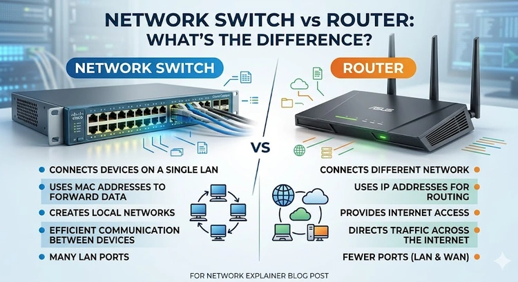 Network Switch vs Router: What's the Difference? — complete visual guide showing data flow, OSI layers, and use cases