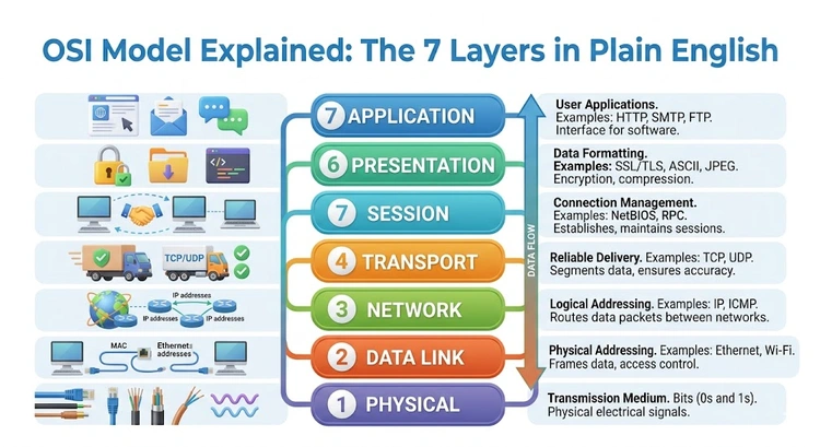 Diagram showing the 7 layers of the OSI model explained with labels for Physical, Data Link, Network, Transport, Session, Presentation, and Application layers
