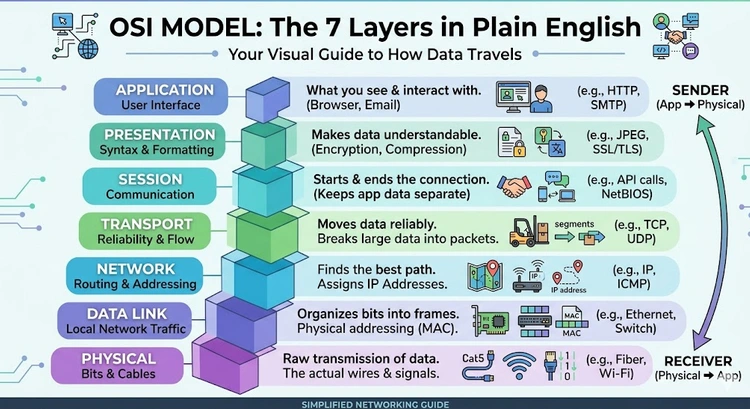 OSI Model Explained: The 7 Layers in Plain English &mdash; complete visual guide showing data flow from application to physical and back
