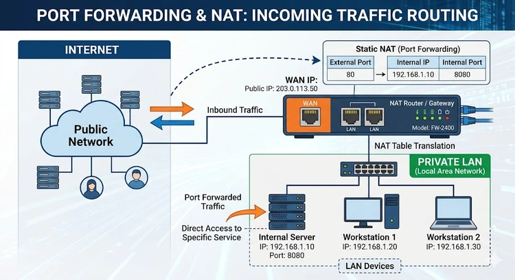 Diagram showing how port forwarding directs incoming traffic through a router to a specific device