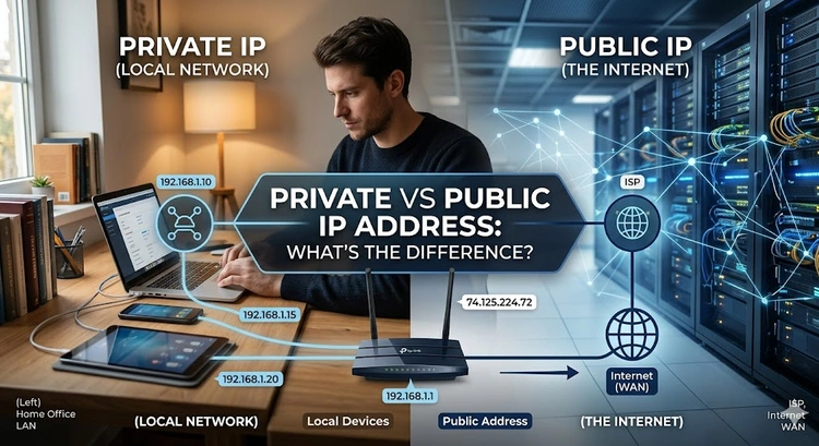 Diagram showing the difference between private and public IP addresses on a home network
