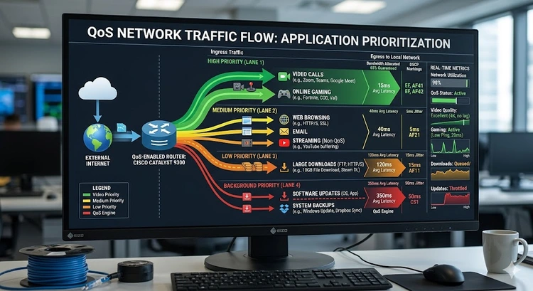 Diagram showing QoS traffic prioritization on a router with different application types