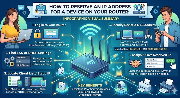 How to Reserve an IP Address for a Device on Your Router &mdash; complete visual guide showing DHCP reservation workflow