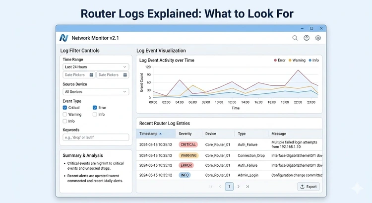 Router admin panel showing system log entries with IP addresses, timestamps, and event types
