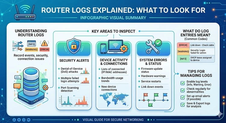 Router Logs Explained: What to Look For &mdash; complete visual guide showing log types, entry anatomy, and threat indicators