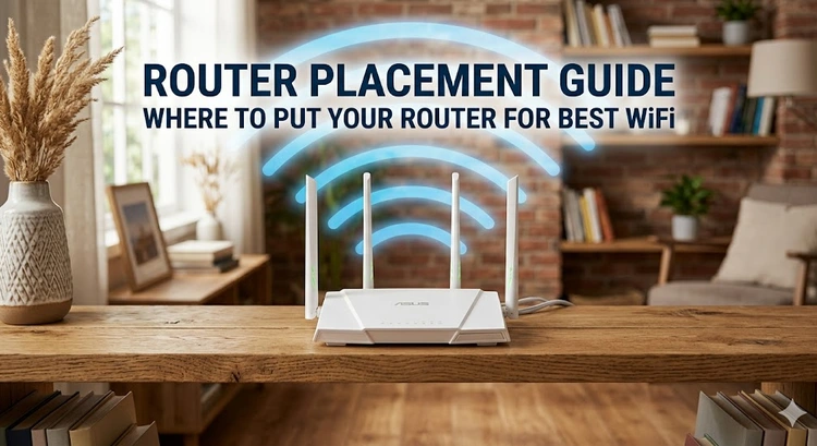 Router placed in the center of a home for optimal WiFi coverage across all rooms
