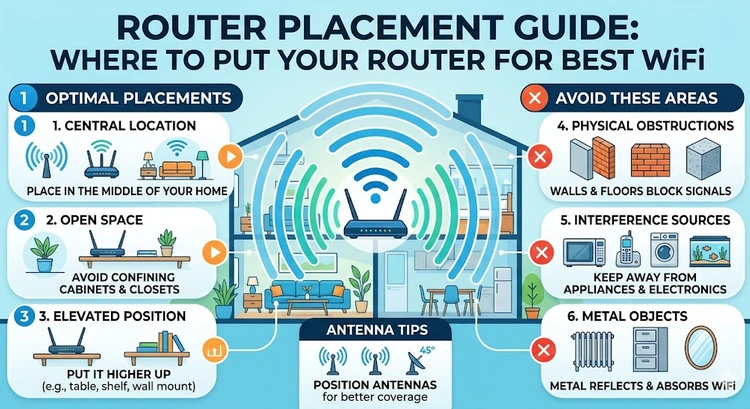 Router Placement Guide: Where to Put Your Router for Best WiFi &mdash; complete visual guide showing ideal central position, antenna angles, and obstacles to avoid