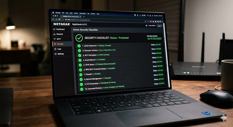 Router security checklist showing ten critical settings with checkmarks on a network administration dashboard