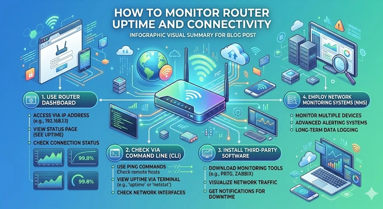 How to Monitor Router Uptime and Connectivity &mdash; complete visual guide showing ping tests, uptime dashboards, and alert setup