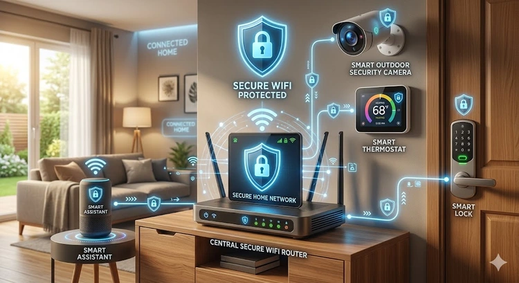 Smart home devices connected to a WiFi router with security shield icons representing network protection