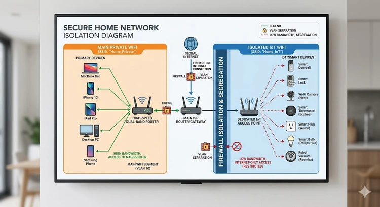 Diagram showing IoT devices isolated on a separate WiFi network from main devices
