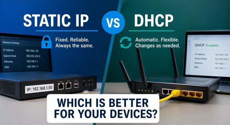 Diagram comparing static IP address assignment versus DHCP dynamic address assignment on a home router network
