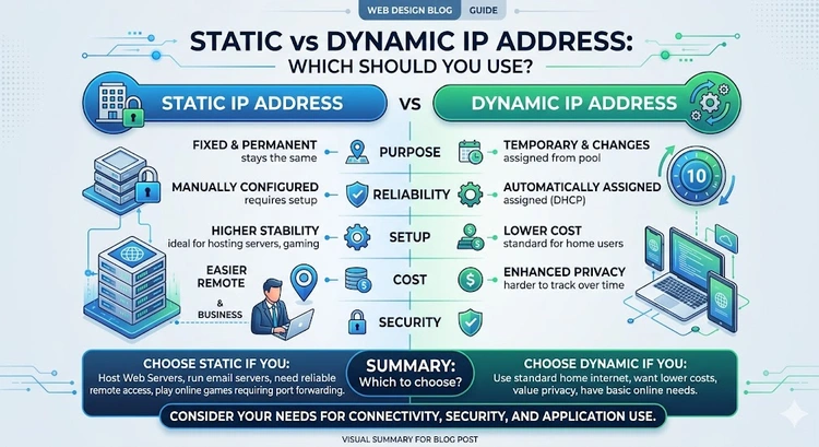 Static vs Dynamic IP Address: Which Should You Use? &mdash; complete visual guide showing address assignment, use cases, and comparison
