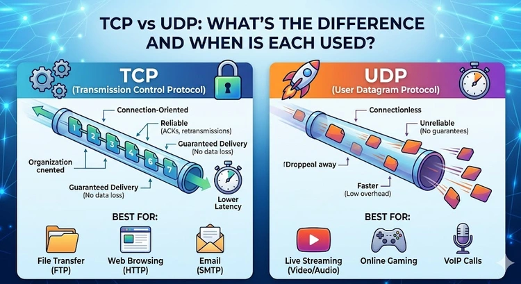 Diagram comparing TCP and UDP transport protocols showing connection handshake vs connectionless data transfer