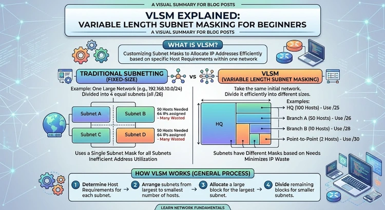 VLSM Explained: Variable Length Subnet Masking for Beginners — complete visual guide showing subnet hierarchy and address allocation