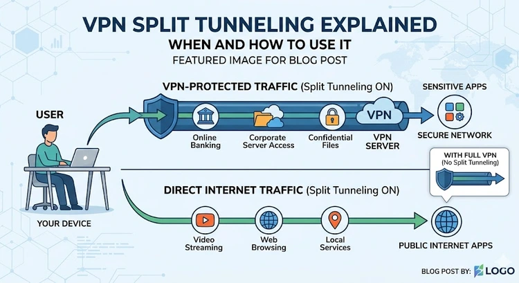 Diagram showing VPN split tunneling routing some traffic through an encrypted VPN tunnel while other traffic goes directly to the internet