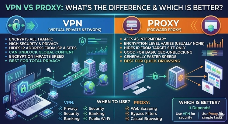 VPN vs Proxy: What's the Difference and Which Is Better? — complete visual guide showing encryption, IP masking, and speed differences