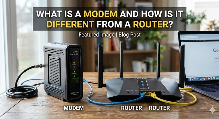 A cable modem and a separate Wi-Fi router sitting side by side on a desk, connected by an Ethernet cable