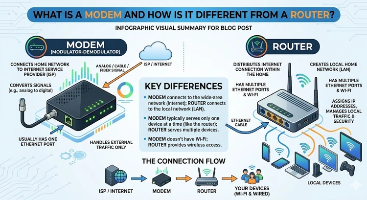 What Is a Modem and How Is It Different from a Router? &mdash; complete visual guide showing signal flow from ISP to modem to router to devices