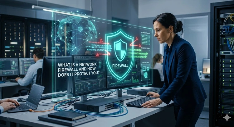 Diagram showing a network firewall blocking malicious traffic between the internet and a home network