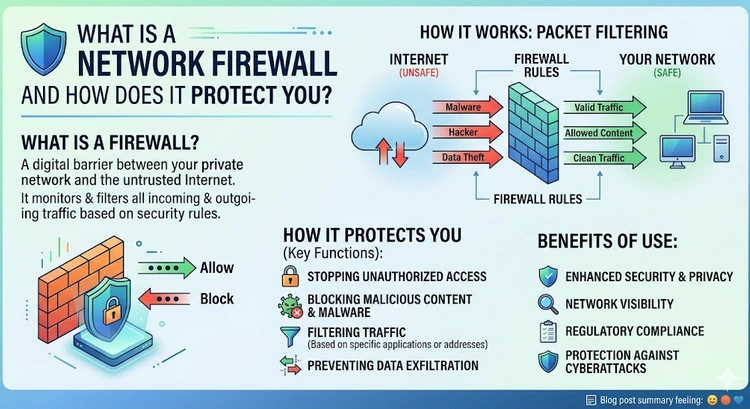 What Is a Network Firewall and How Does It Protect You? &mdash; complete visual guide showing packet filtering, stateful inspection, and application layer protection